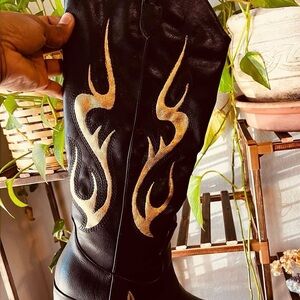Black faux Leather Western Boots with Gold Flame Embroidery - Women